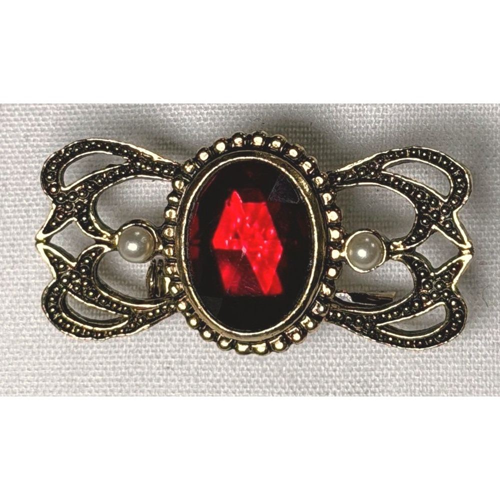 Vintage Gold Tone Red Cabochon Faux Pearl Brooch‎ Victorian Revival